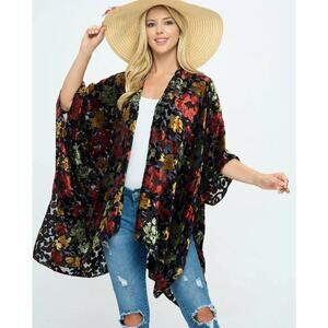 Chelsea  & Violet Womens Fall Foliage Lagenlook Open Front Velvet Kimono Size XS